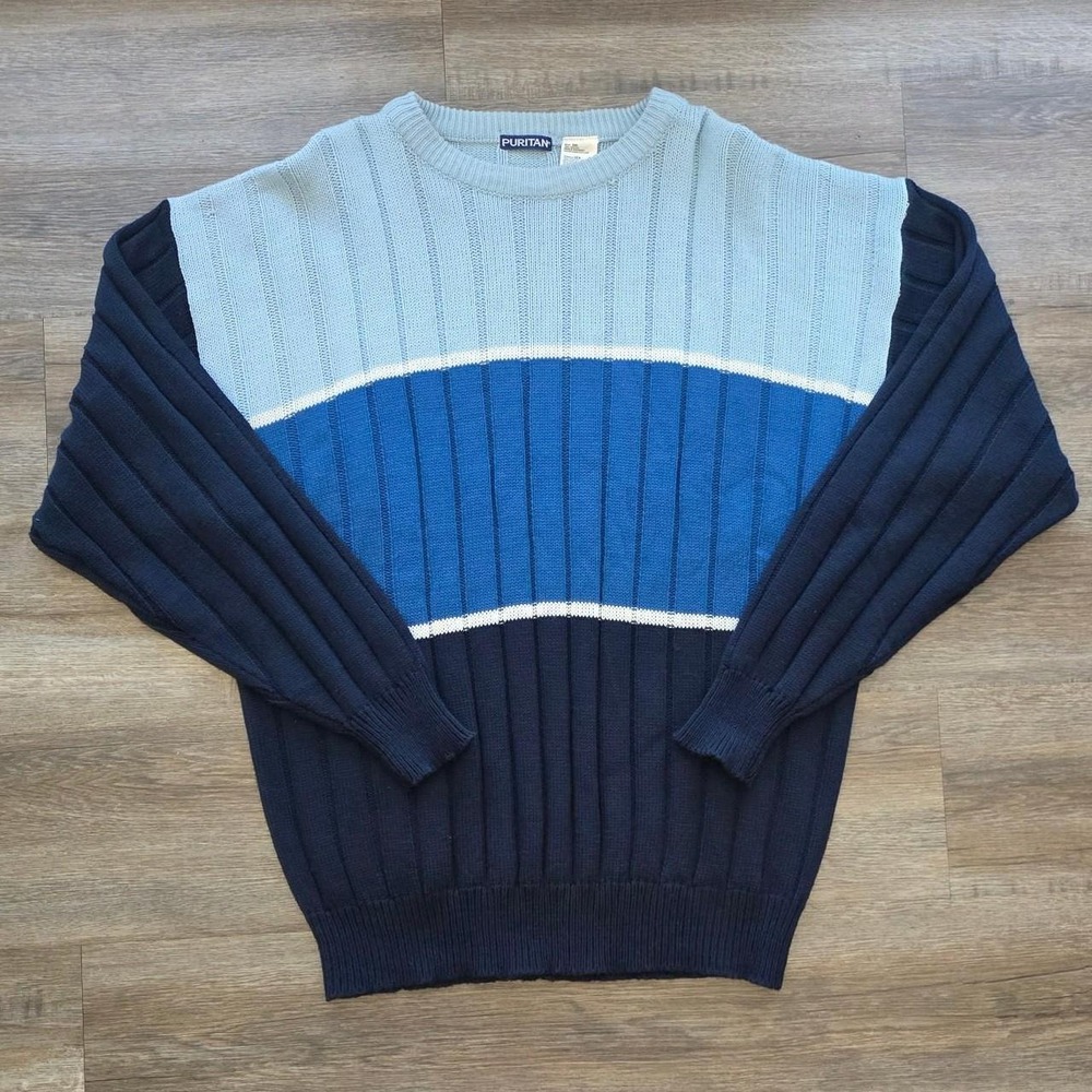 Vintage Puritan 90s Blue Ribbed Colorblock Crewneck Sweater Mens 2XL